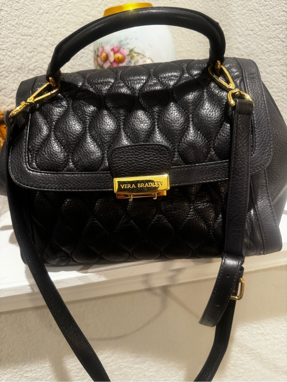 Vera Bradley Black Quilted Satchel with Gold Hardware Plaque